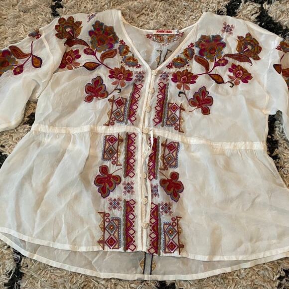 Johnny Was White Embroidered Floral V Neck Blouse Small - Picture 1 of 6